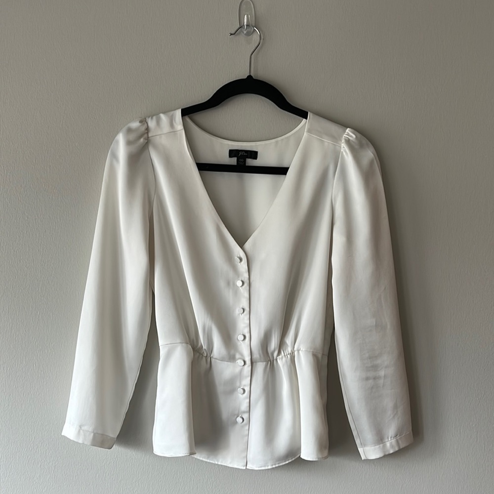 J Crew 00 satin cream button down peplum v-neck blouse